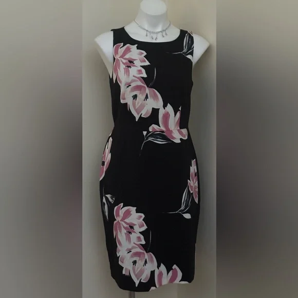 ANN TAYLOR FACTORY Black White Pink Floral Print Sleeveless Midi Dress Sz 8 - Picture 4 of 15
